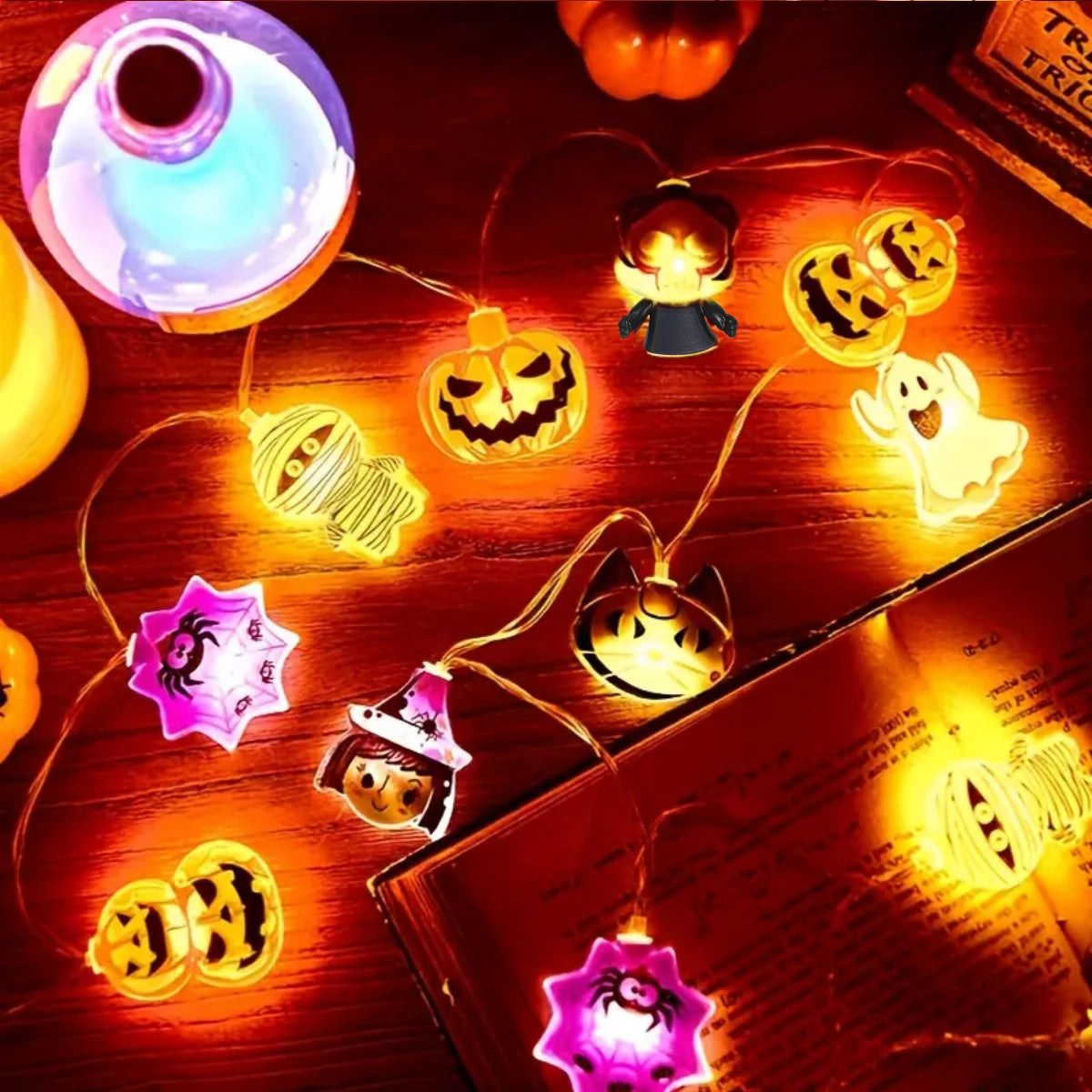 1PC Halloween 10/20 LED Battery Powered String Lights with Ghost Witch Cat Pumpkin Spider Web Skeleton Mummy Pirate Shape Indoor